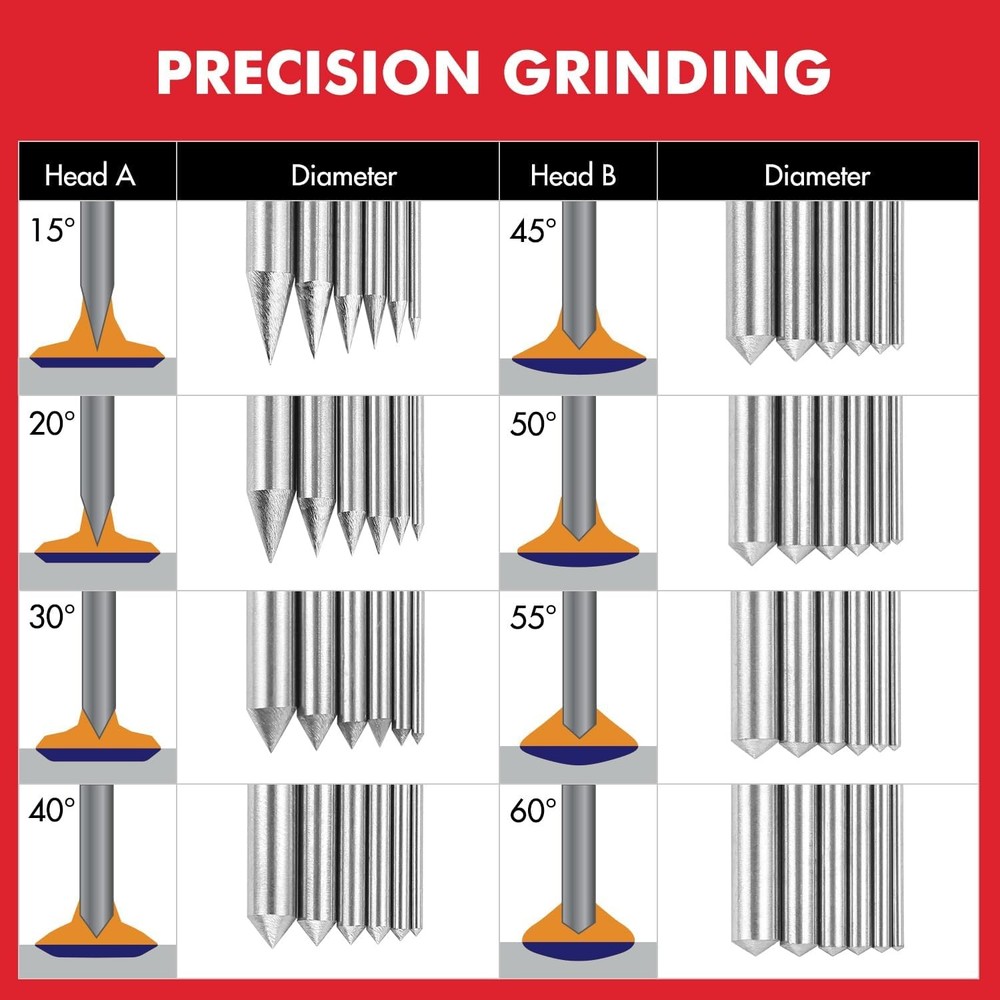 Dual-Head Tungsten Sharpener Grinder - 8 Angles & 6 Sizes for TIG Welding, Plug