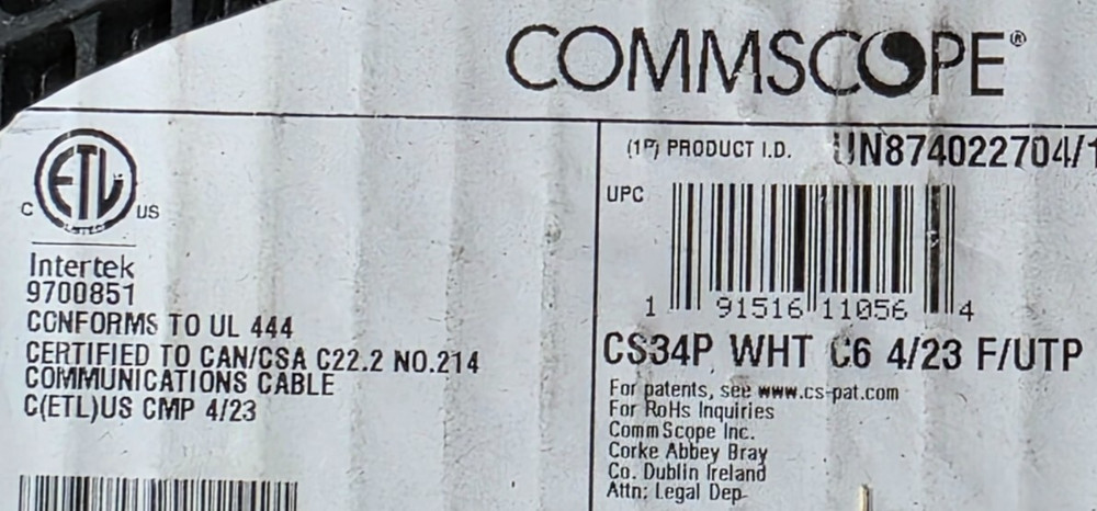 Commscope CS34P 23/4P Cat6 F/UTP WebTrak Plenum Shield Network Cable White/100ft
