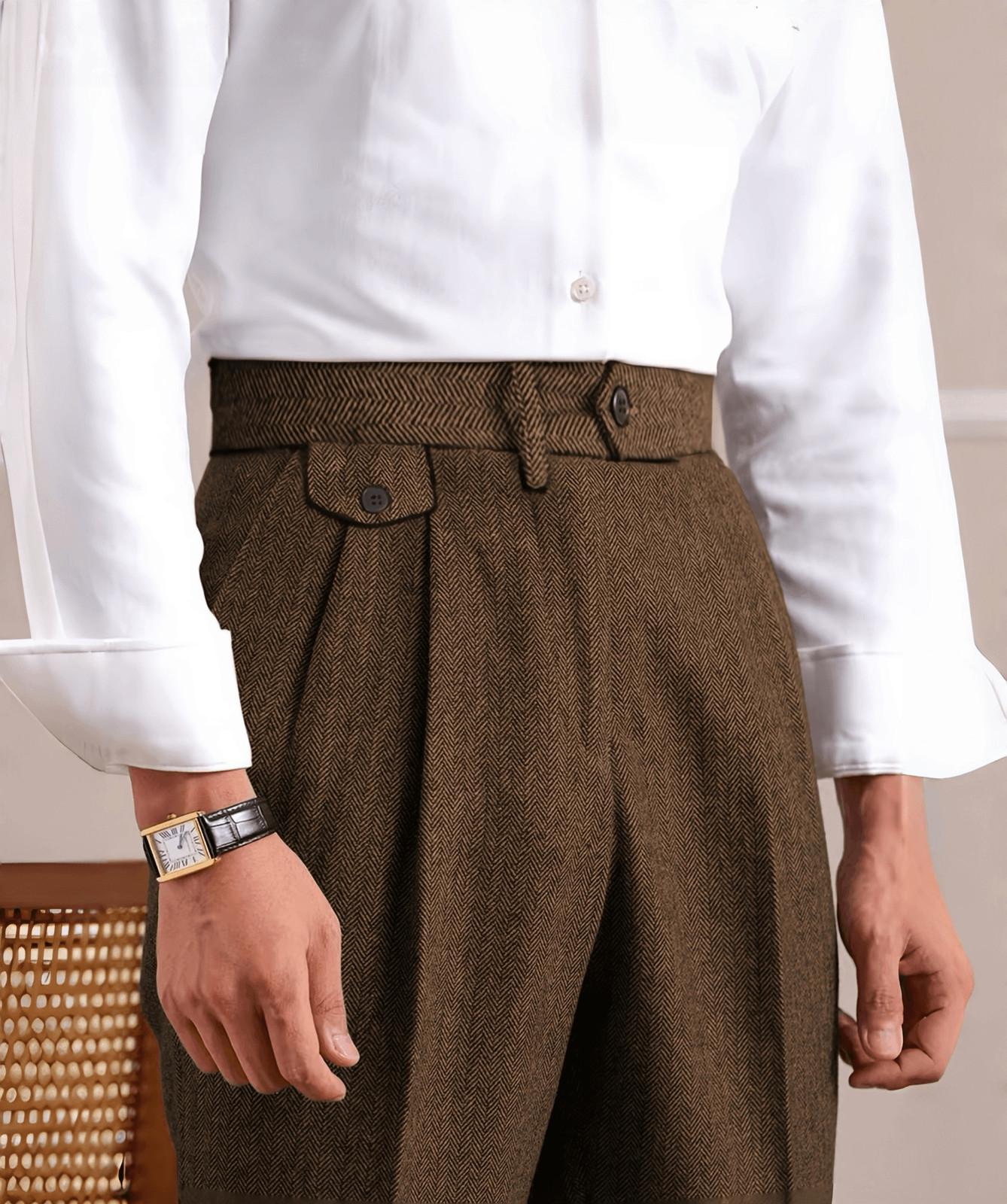 Herringbone Mens Dress Pants Pleated Straight Leg Formal Pants for Work Wedding