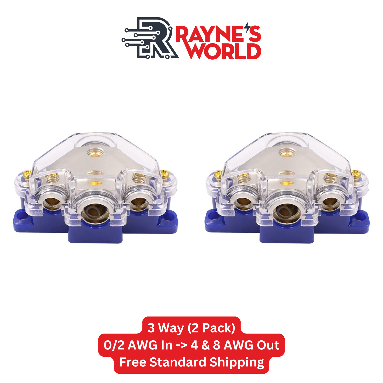 2 PACK 3 Way Distribution Block 0-4 AWG In, 4-10 AWG Out for Power or Ground