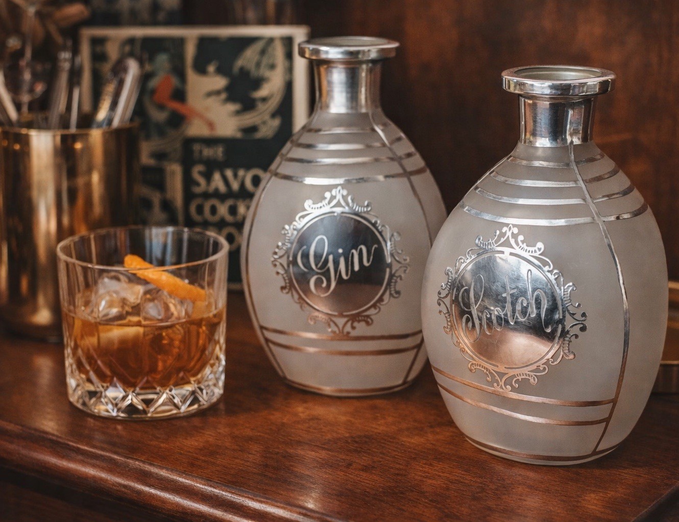 Art Deco Decanters Sterling Silver Overlay Gin Scotch Pair Pinch Bottle Barware