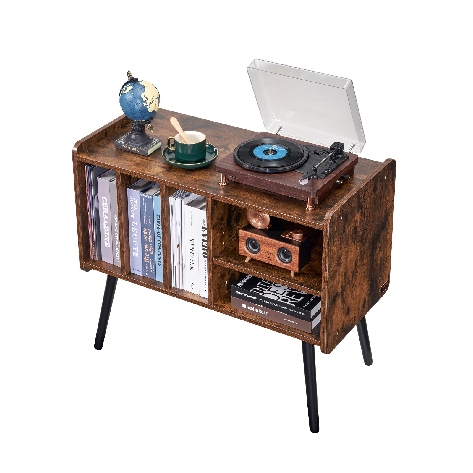 Record Player Stand 2 Tiers Wooden Turntable Stand with 3 Cabinets Brown
