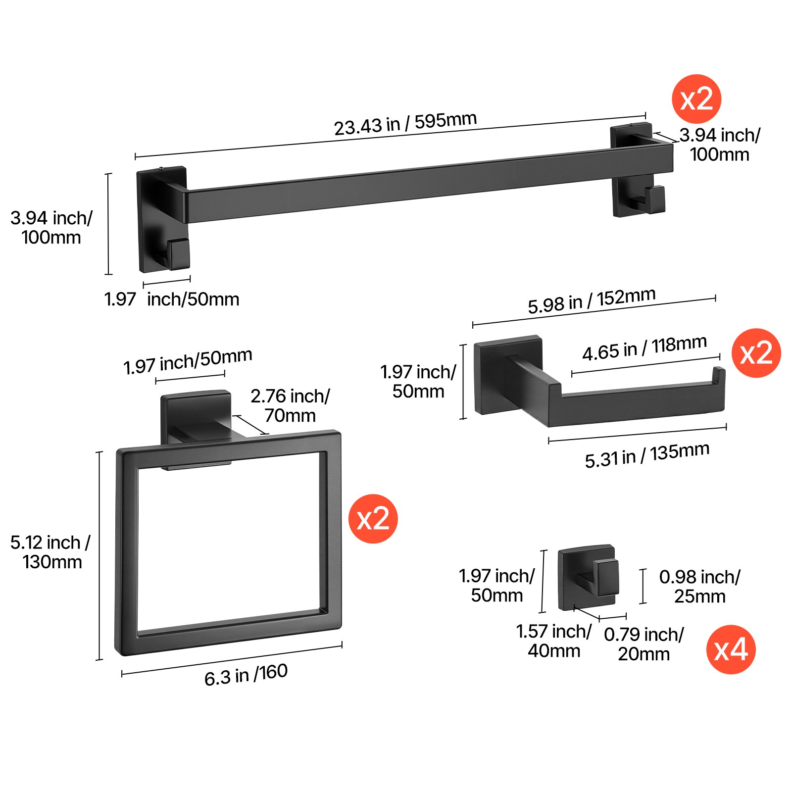 Uimoso 10-Piece Matte Black Bathroom Hardware Set with 24-Inch Towel Bar