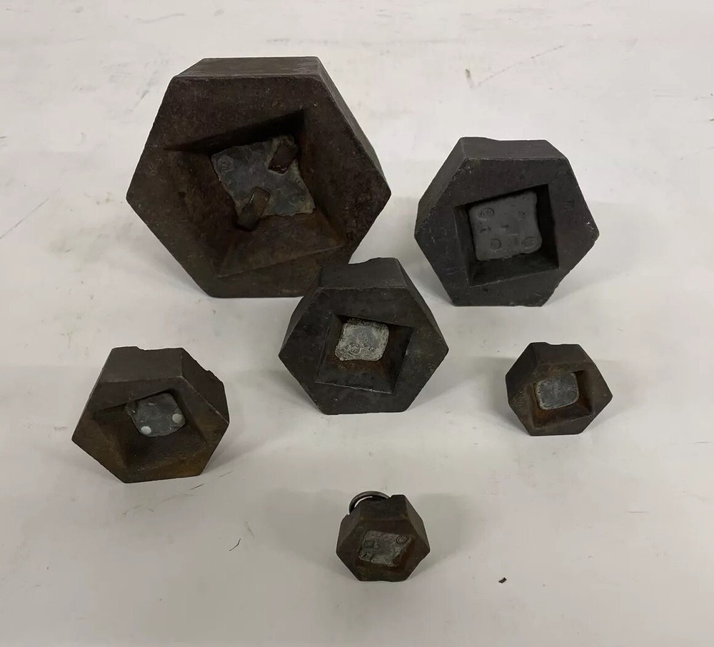 Antique KILOGRAM IRON RING WEIGHTS 6 Hexagonal For Scale