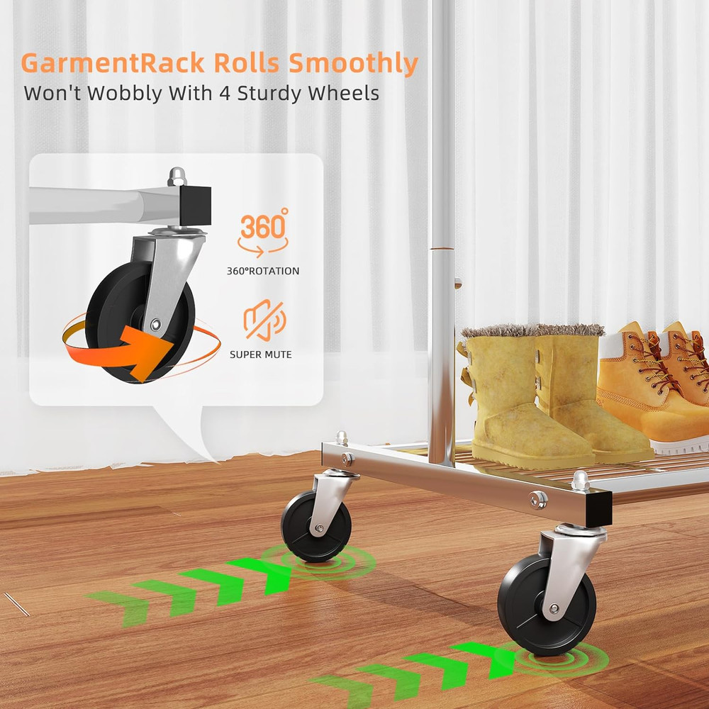 Extendable Chrome Garment Rack with Wheels and Bottom Shelf