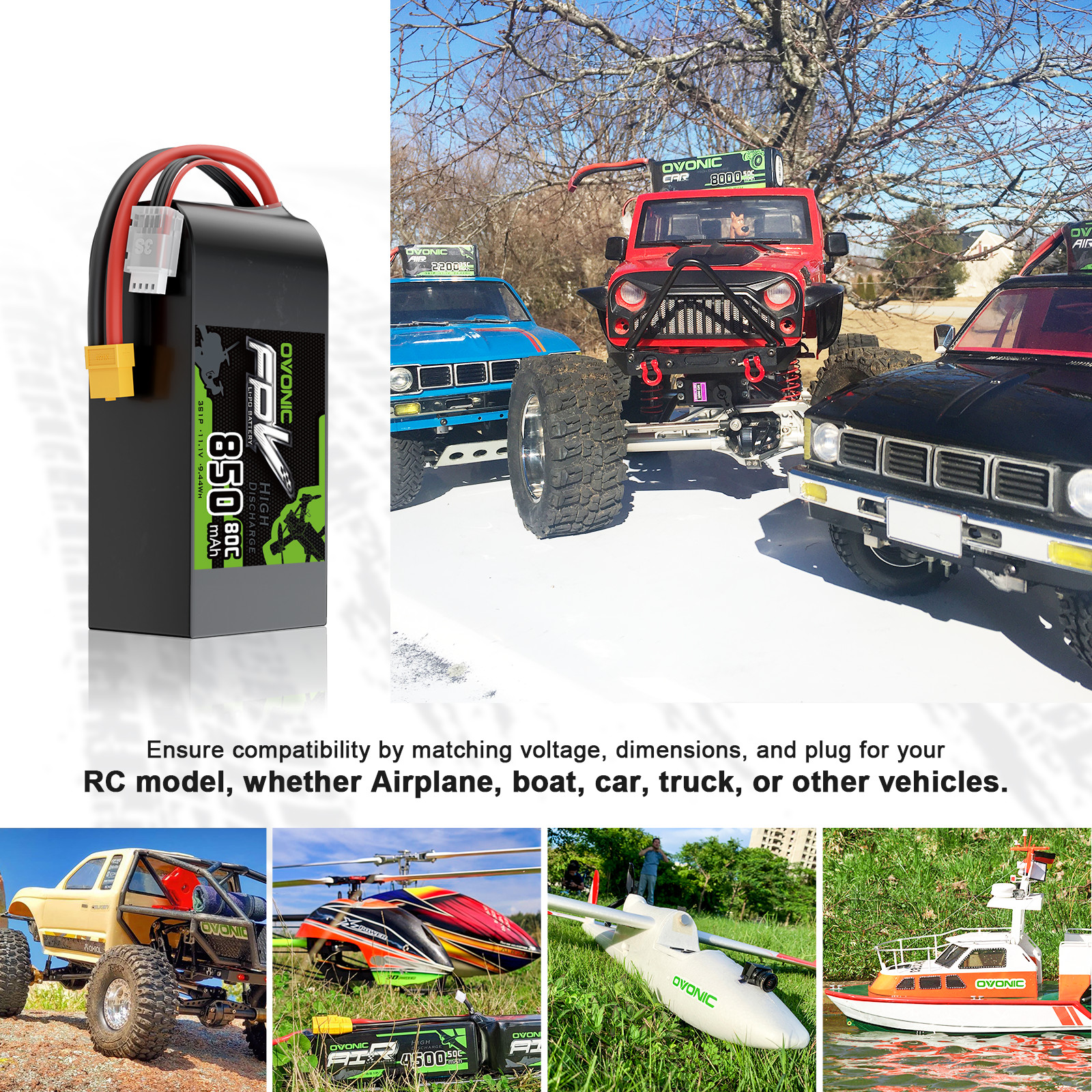 2X OVONIC 11.1V 80C 3S 850mAh Lipo Battery XT60 for Drone FPV Quad crawler