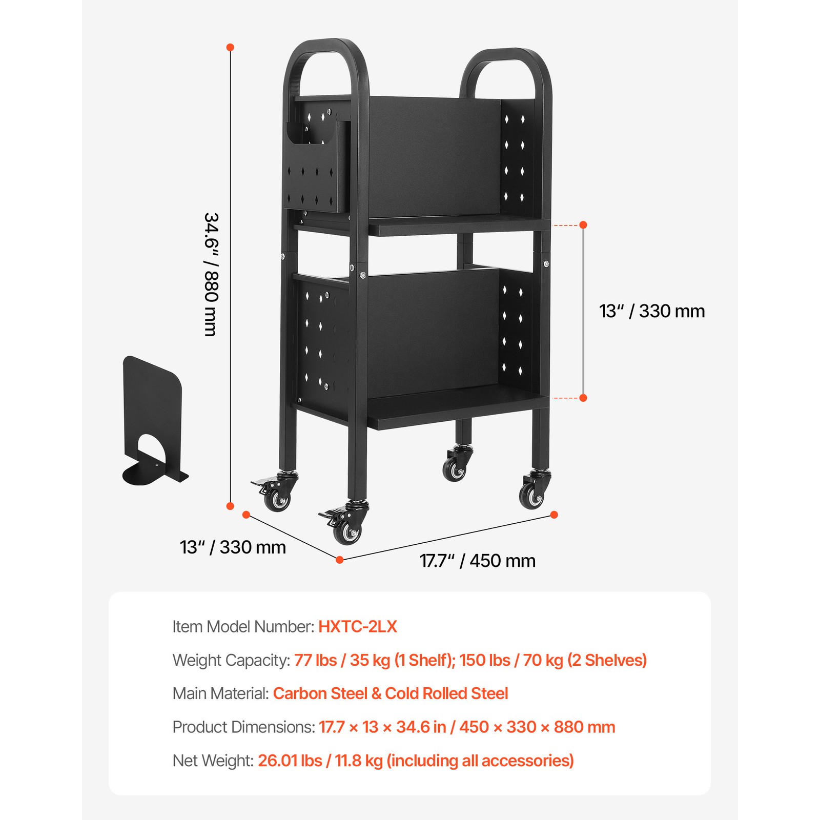 2-Tier Rolling Book Cart Double Sided L-Shaped Shelves Book Truck in Black