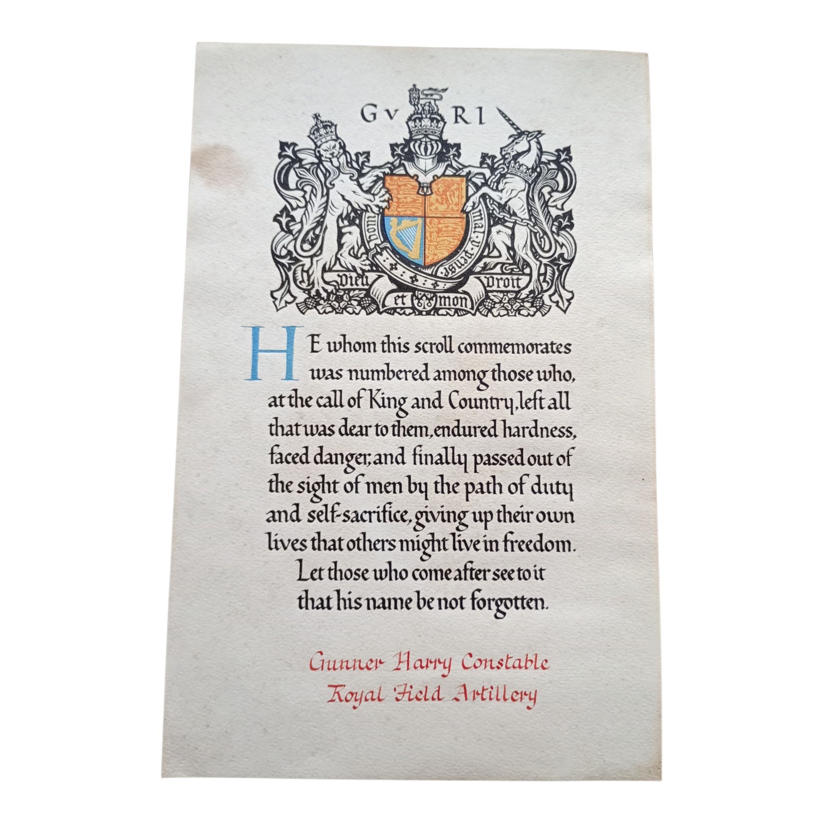 WW1 Memorial Scroll 1916 Casualty Gnr Harry Constable RFA Born In York