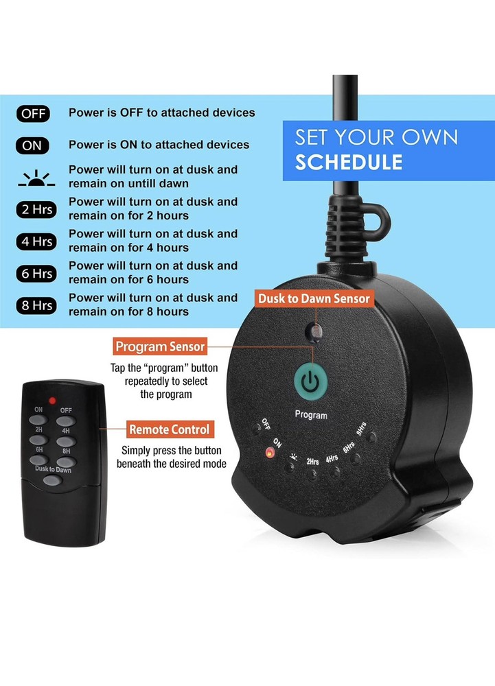 Clear Power Outdoor Plug-in Lighting Timer, Dusk to Dawn Countdown Timer...