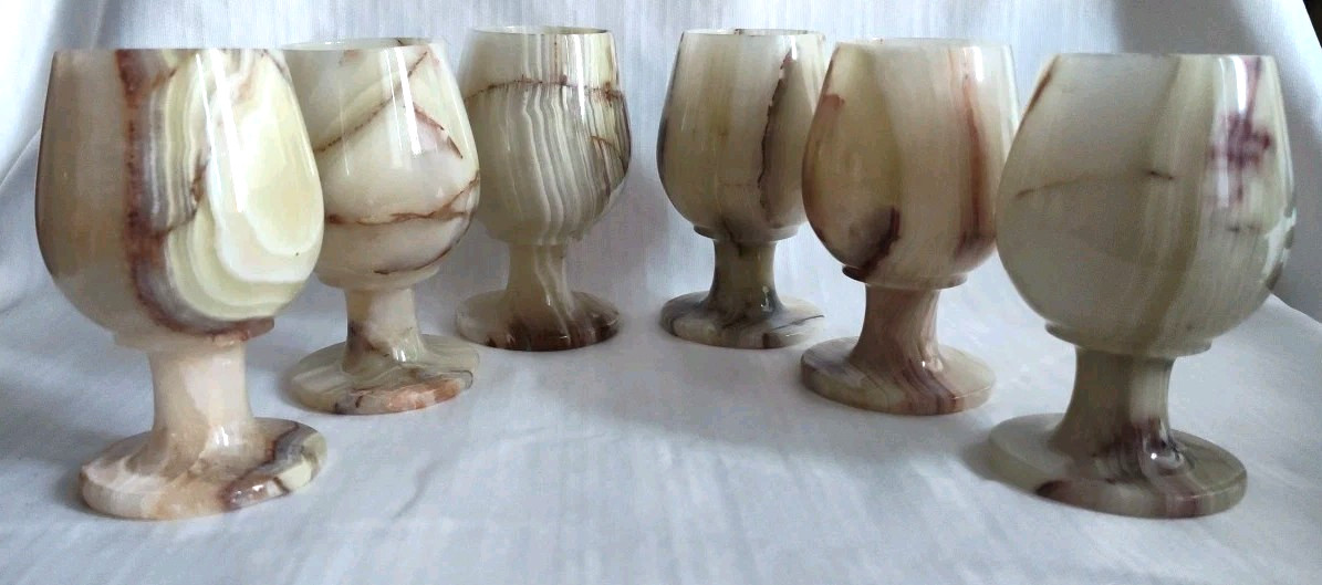 6 Polished Onyx Marble Stemmed Natural Stone 5" Wine Sherry Goblets Chalice Case