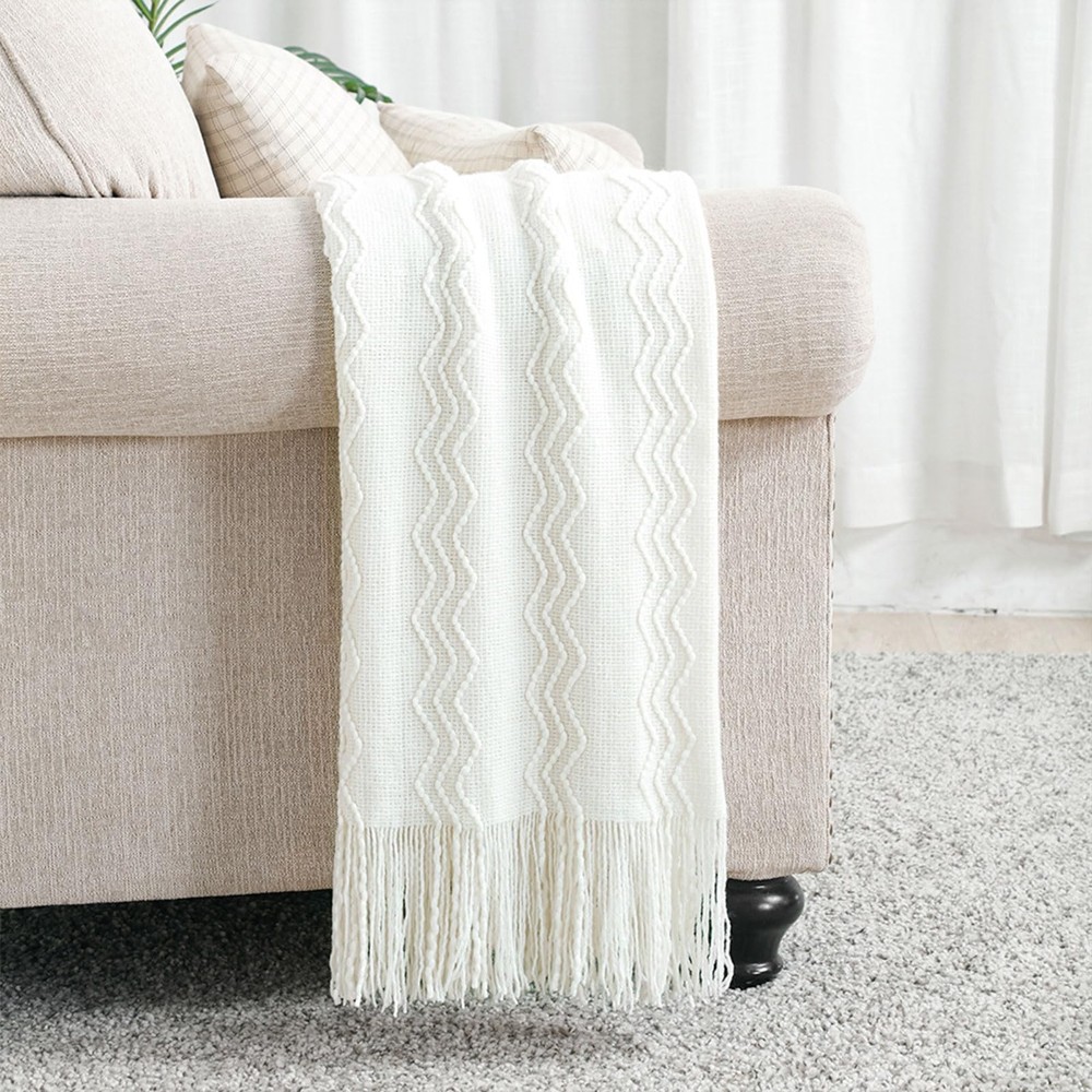 Off White Throw Blanket 50x60 Inches Throw Textured Solid Soft Sofa Couch Dec...