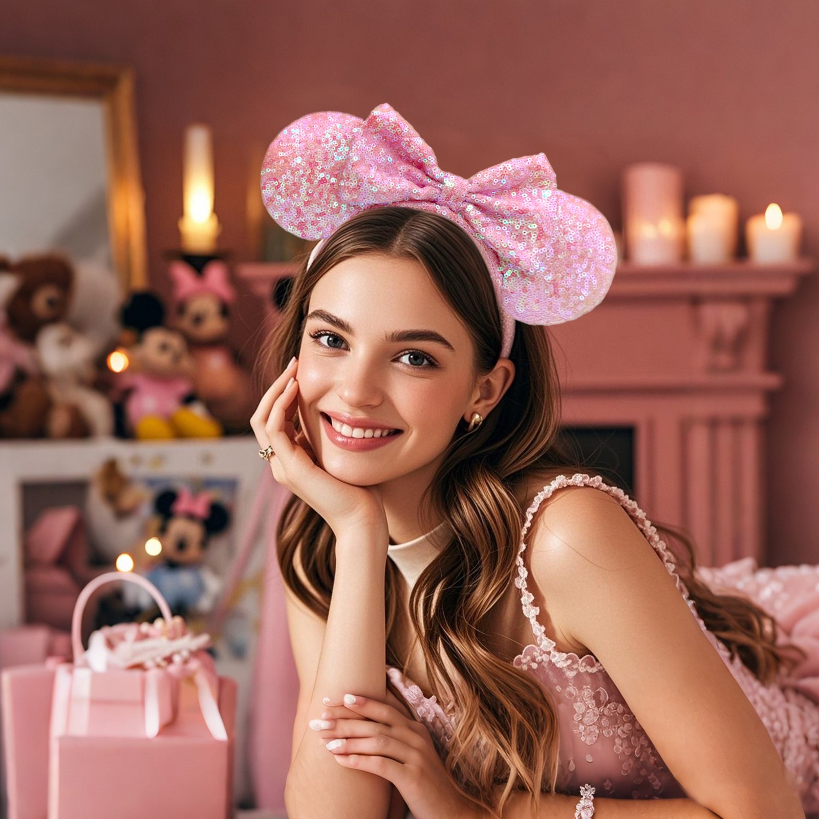 Disney- Parks Pink Sequin Aurora Minnie Mickey Mouse Ear Bow Disneyland Headband