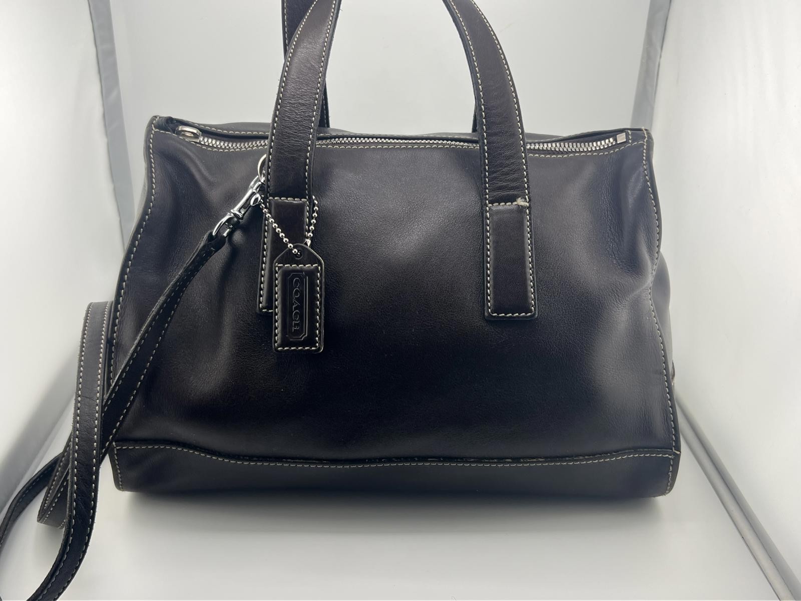 Coach Black Leather Satchel Handbag with Contrast Stitching Medium