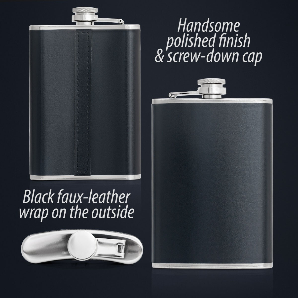 8oz Flask Black Vegan Leather Wrap Stainless Steel Attached Screw Cap Hip Pocket