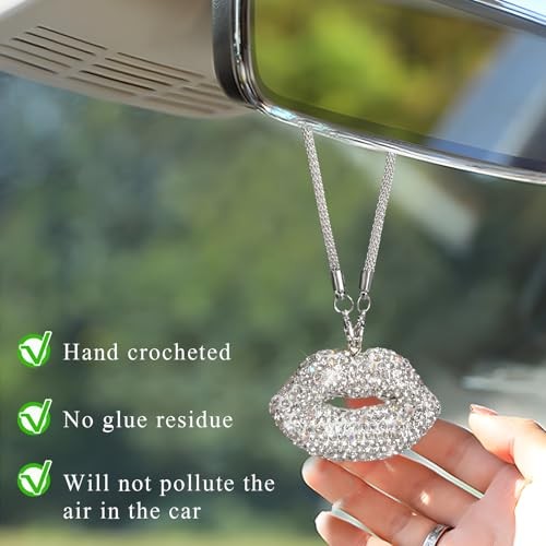 Bling Lip Car Rear View Mirror Charm, Personalized Rhinestone Lip Pendant White