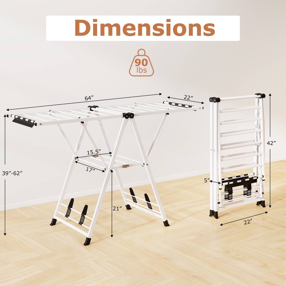 Foldable Metal Laundry Drying Rack w/Height Adjustable Wings, 18 Drying Rails