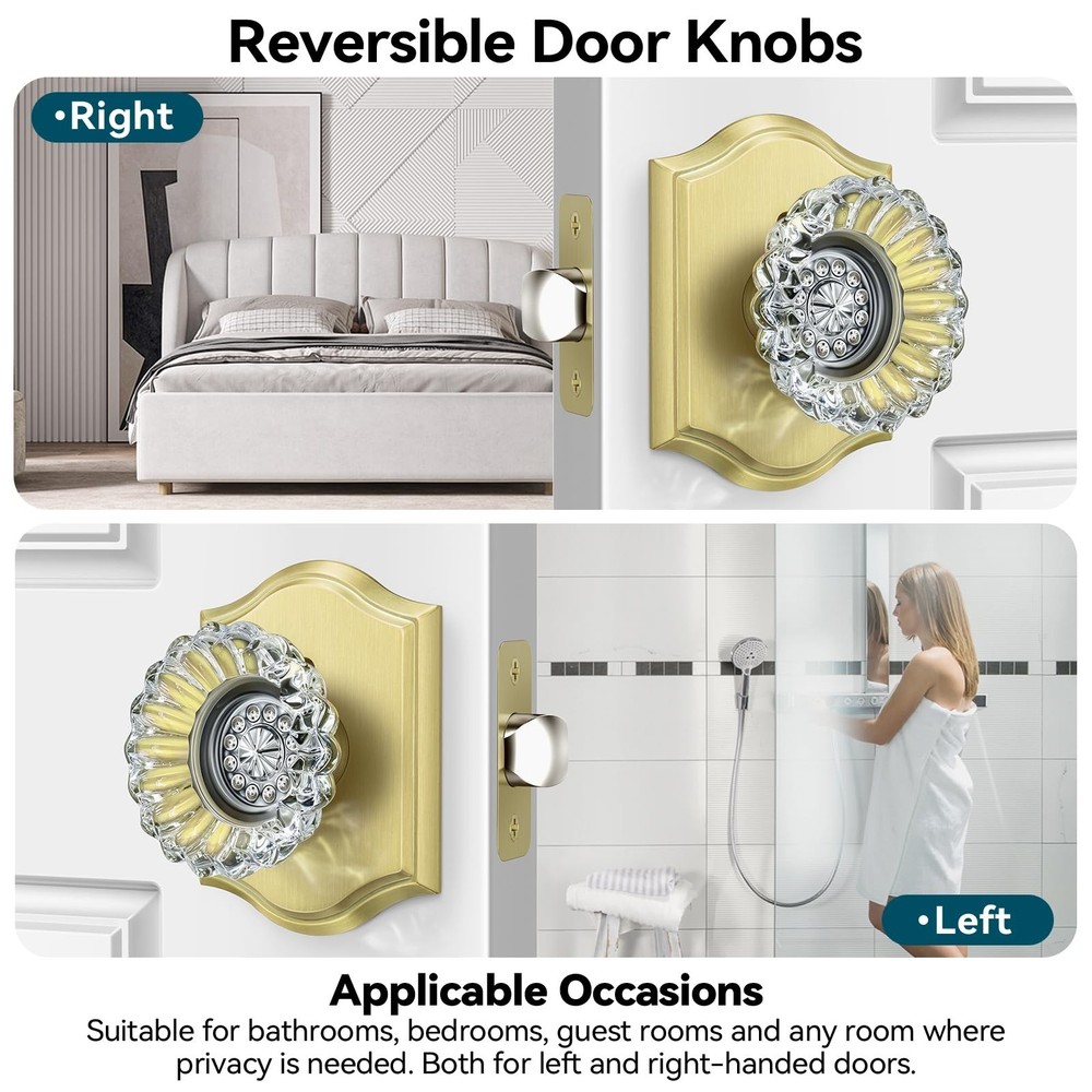 Crystal Door Knobs with Lock, Brushed Gold Glass Door Knobs Interior for Priv...