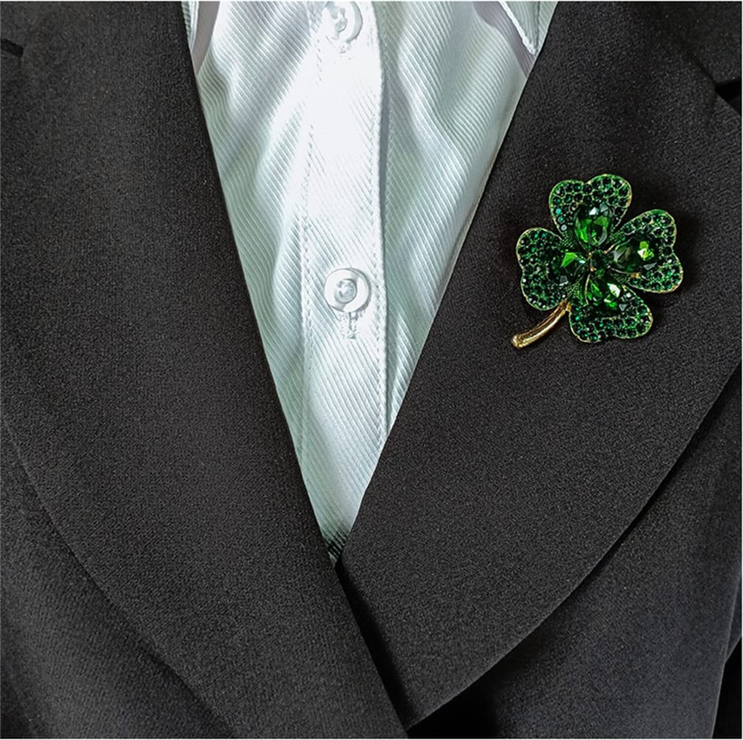 Rhinestone Green Clover Leaf Brooch Pin for Women Girls Unisex Gold Plated Vi...