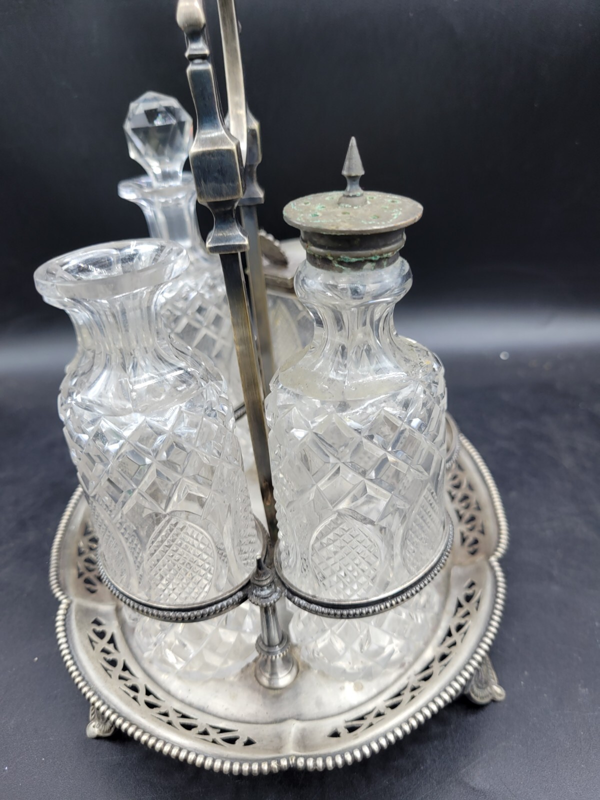 antique 1800's ornate cut crystal silver plate cruet condiment set caddy