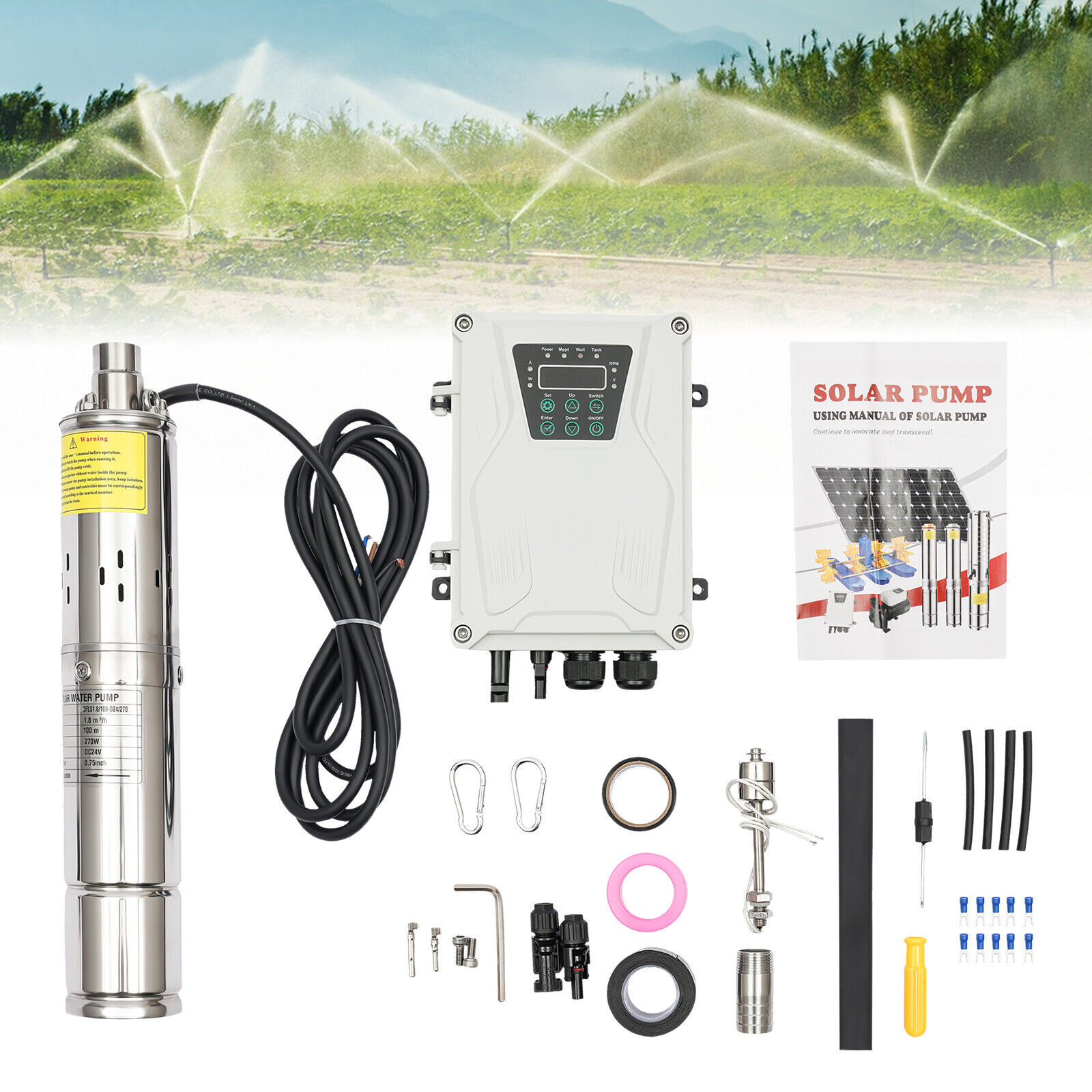 270W 3" DC 24V Solar Water Pump Submersible Deep Bore Well Pump+ MPPT Controller