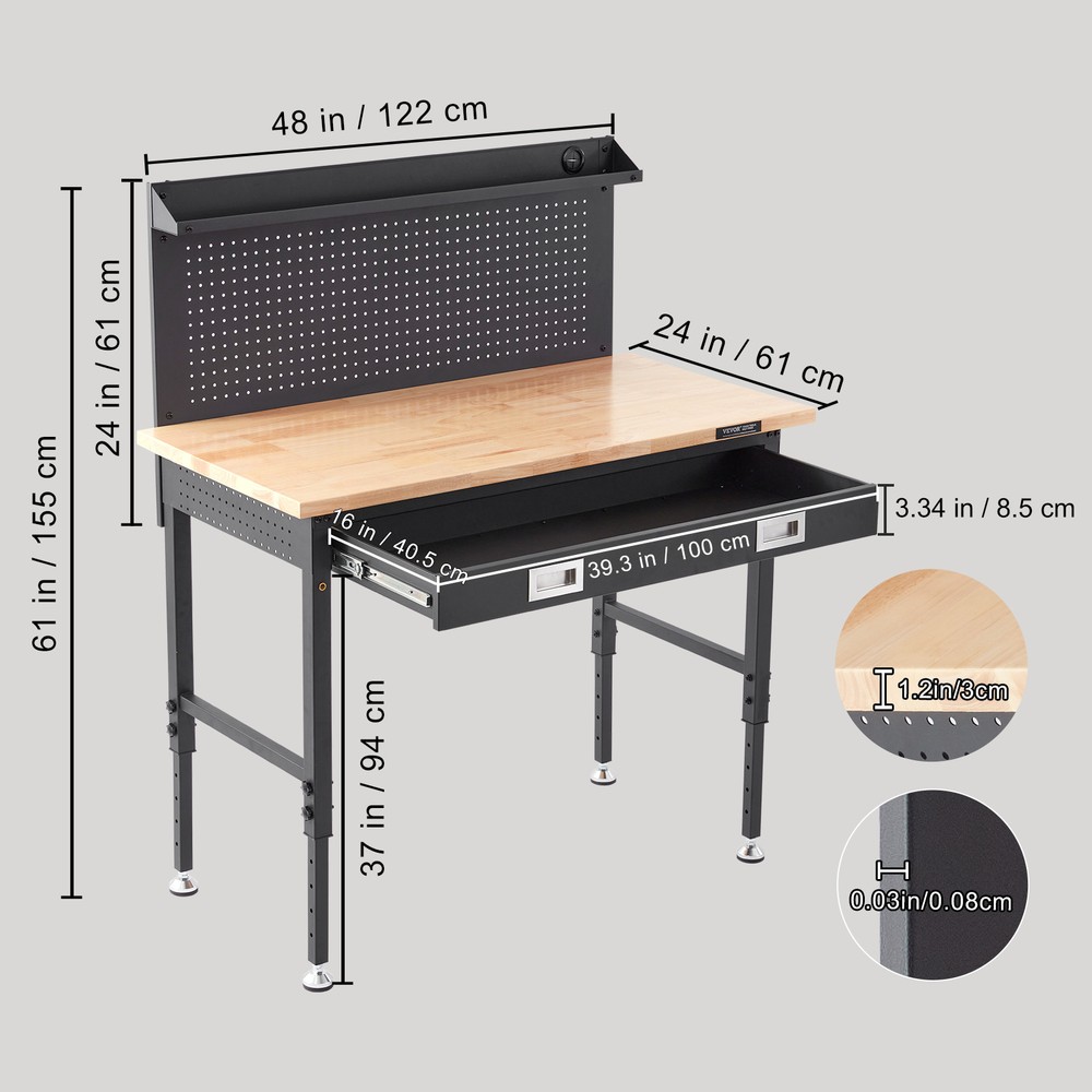 VEVOR Multifunctional Solid Wood Workbench 48x24" with Pegboard Power Outlets