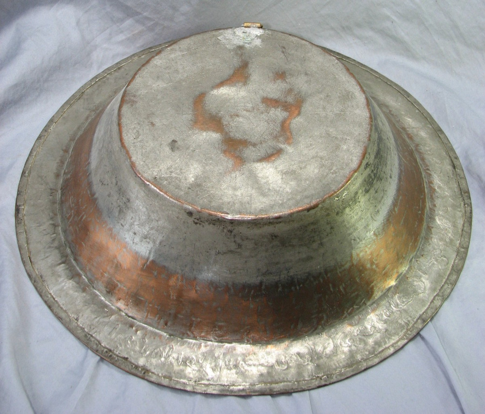 Antique Middle Eastern Hand Hammered Copper Bowl Arabic Script Tin Lined 14in
