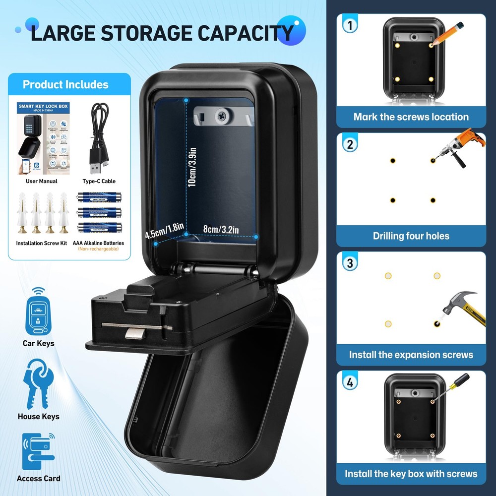 Smart Key Lock Box Bluetooth Electronic Lock Box for Keys, Wall Mount Digita...