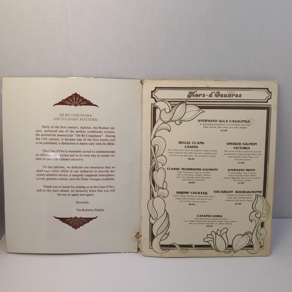 Casa d'Oro Vintage Restaurant Menu