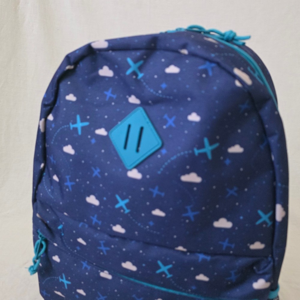 NWOT! Lightweight Dark Blue Backpack w/Planes & Clouds Design & Bottle Pockets