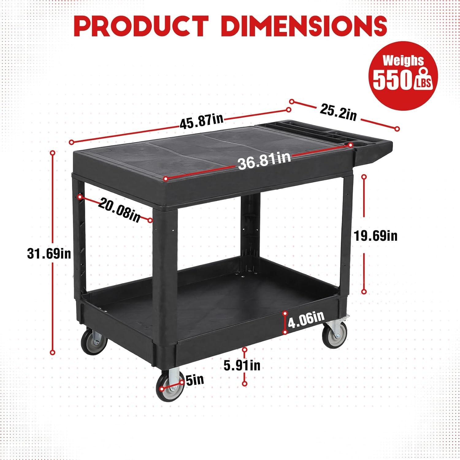 Heavy Duty Plastic Utility Service Cart Flat top 45.8 x 25 Inch Work Cart 550lb