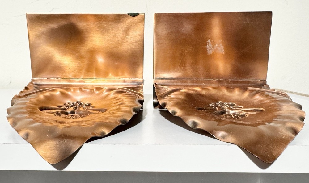 Vintage Gregorian Solid Copper Book Ends Pair Embossed Flower Marked Bookends