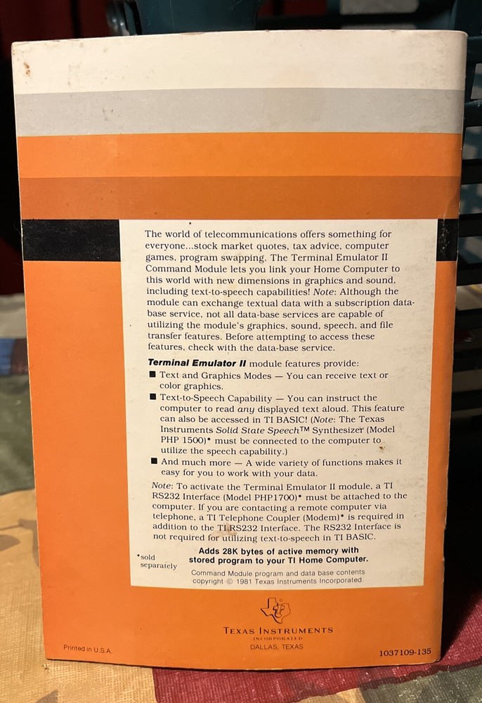 Texas Instruments TI-99 Terminal Emulator II MANUAL