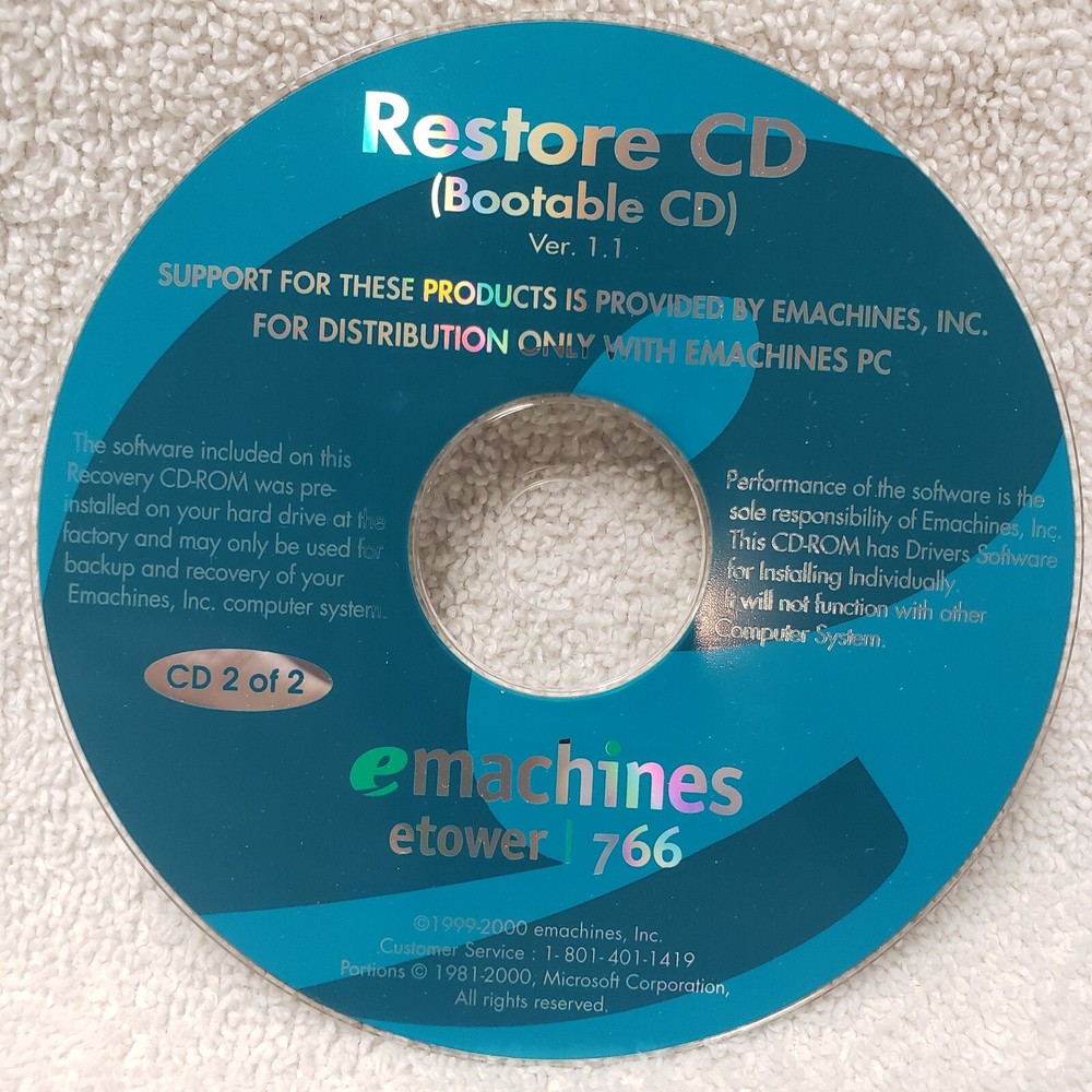 eMachines Etower 766 Restore CD Version 1.1 Complete 2 Disc Set