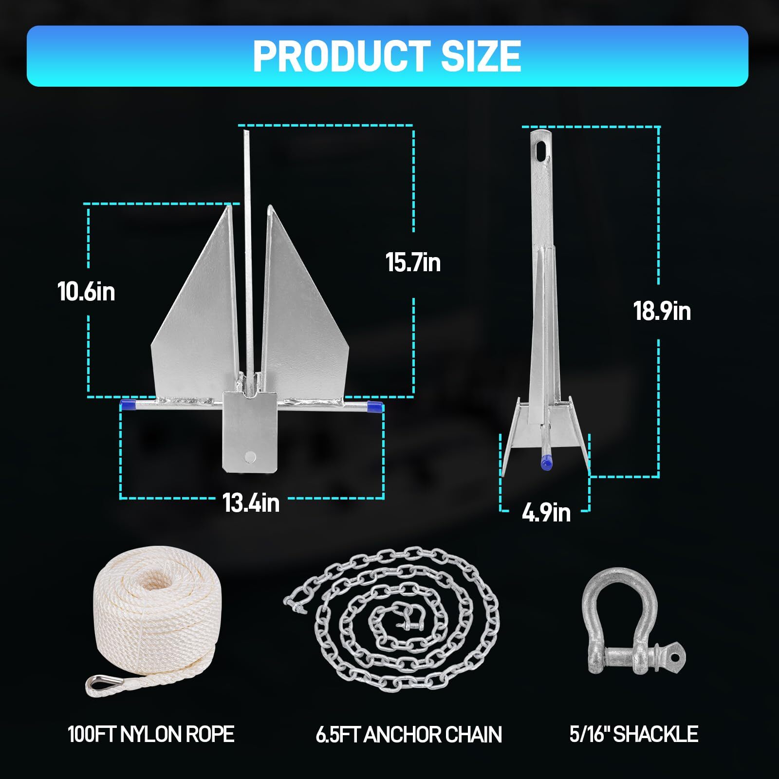 Heavy Duty Boat Anchor Kit with Anchor Chain, Shackle and Anchor Rope, 8 lb