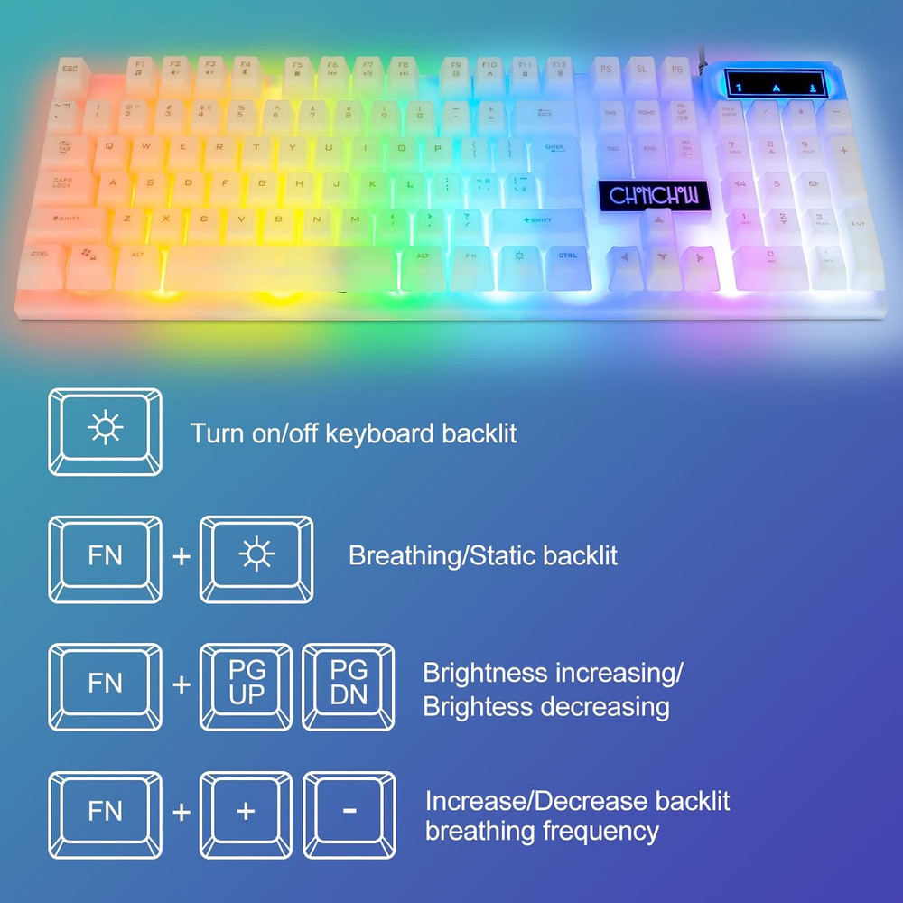 CHONCHOW LED Keyboard and Mouse, 104 Keys Rainbow Backlit White