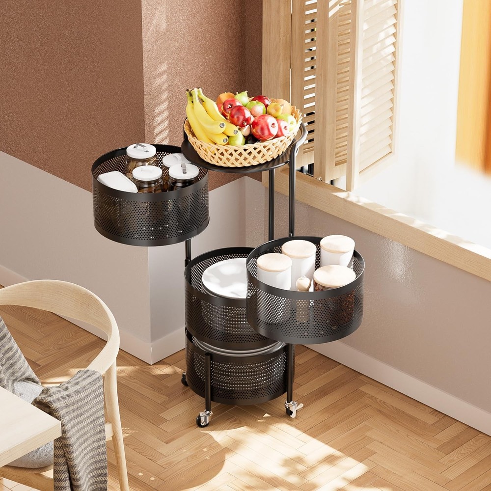 No Assembly Integrated Vegetable Storage Rack, 4-Tier Rotating Fruit Basket w...