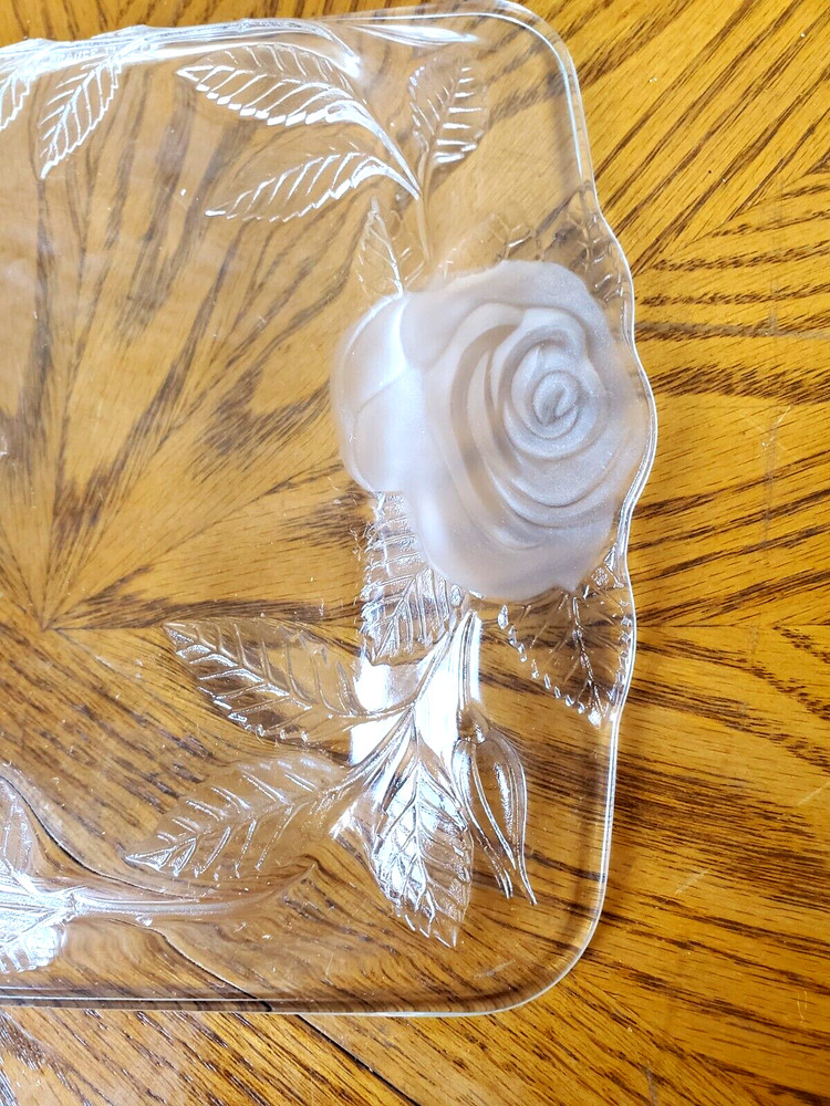 Cristal d'Arques Glass Embossed -Etched Rose Pattern Rectangle Serving Platter