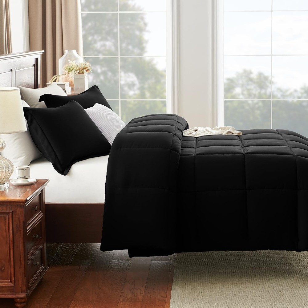 Queen Comforter Set Black 3 Pieces Box Stitched Comforters Queen Size, Soft ...