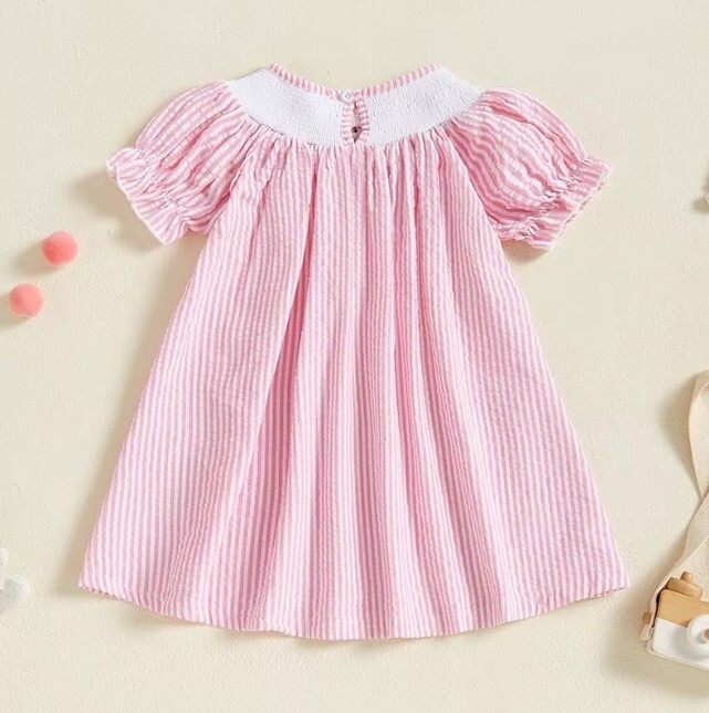 NEW Easter Bunny Rabbit Baby Girls Pink Smocked Seersucker Short Sleeve Dress