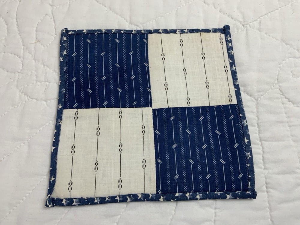 Antique Patchwork Quilt Table Topper, Square, Four Patch, Early Calicos, Blue