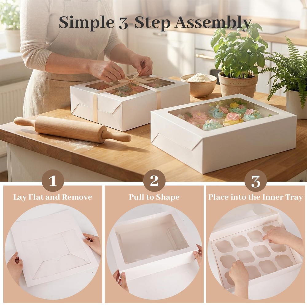 12 Count Cupcake Boxes, 6PCS Cupcake Container with Window Boxes Holding 72 P...