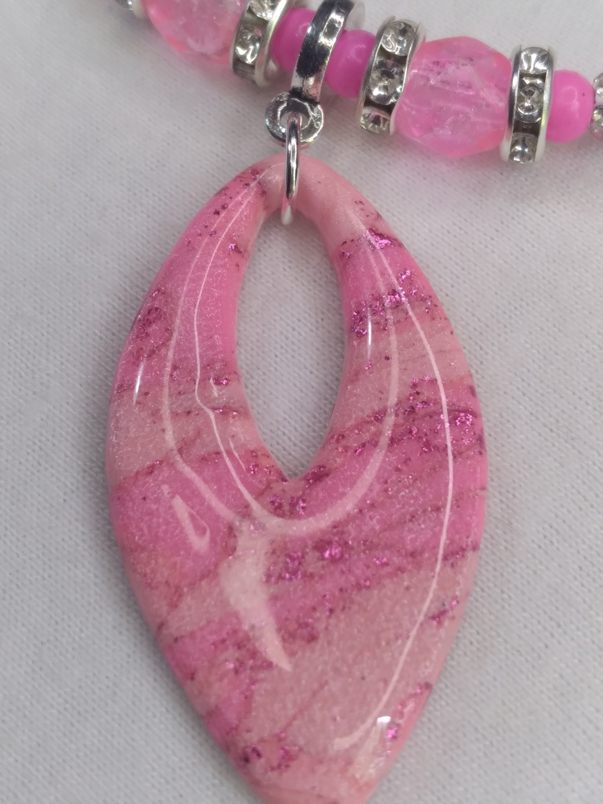 Handcrafted Beaded Pink Polymer Clay Pendant Memory Wire Choker Earring Set