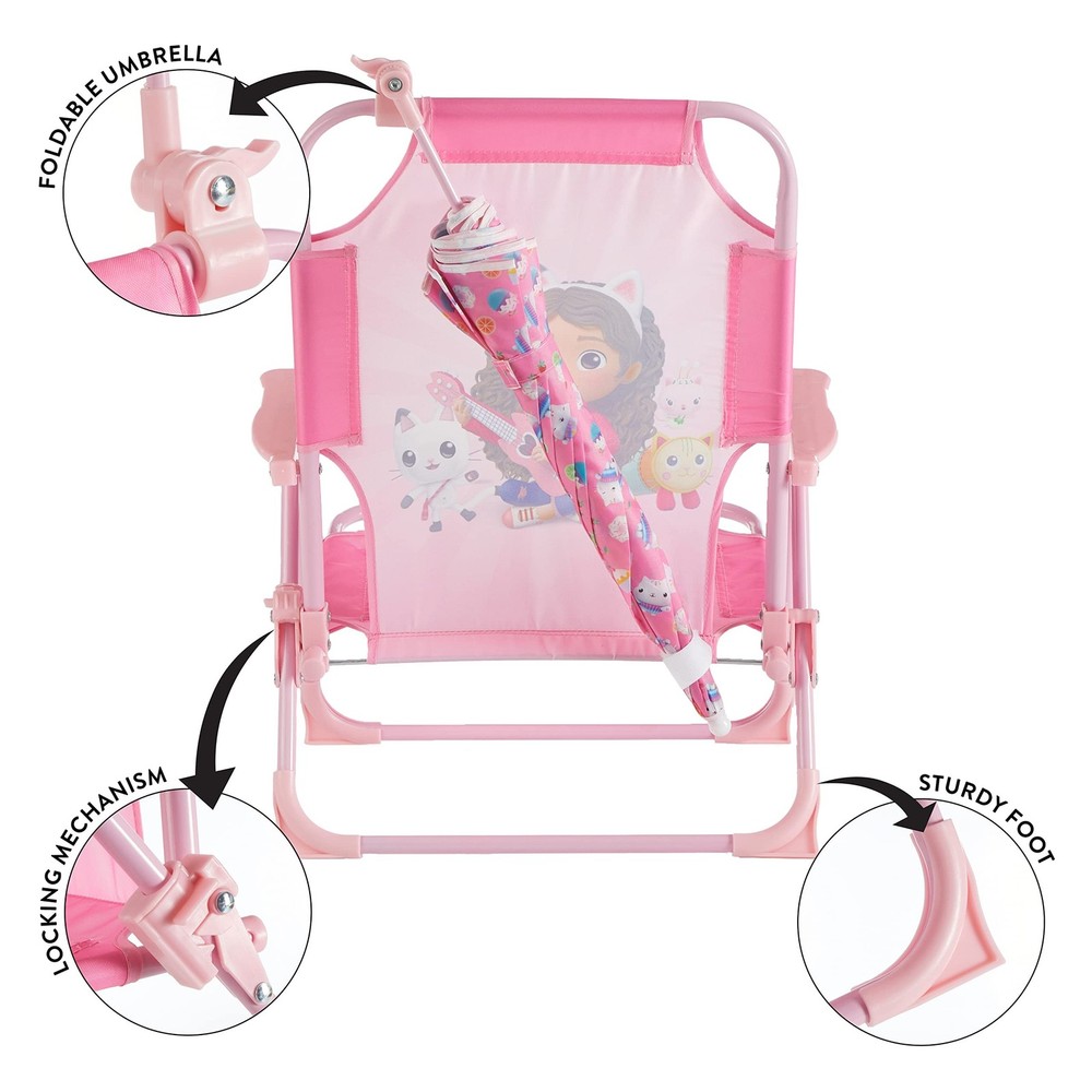 Idea Nuova Gabby’s Dollhouse Kids Folding Beach Chair with Umbrella, Outdo