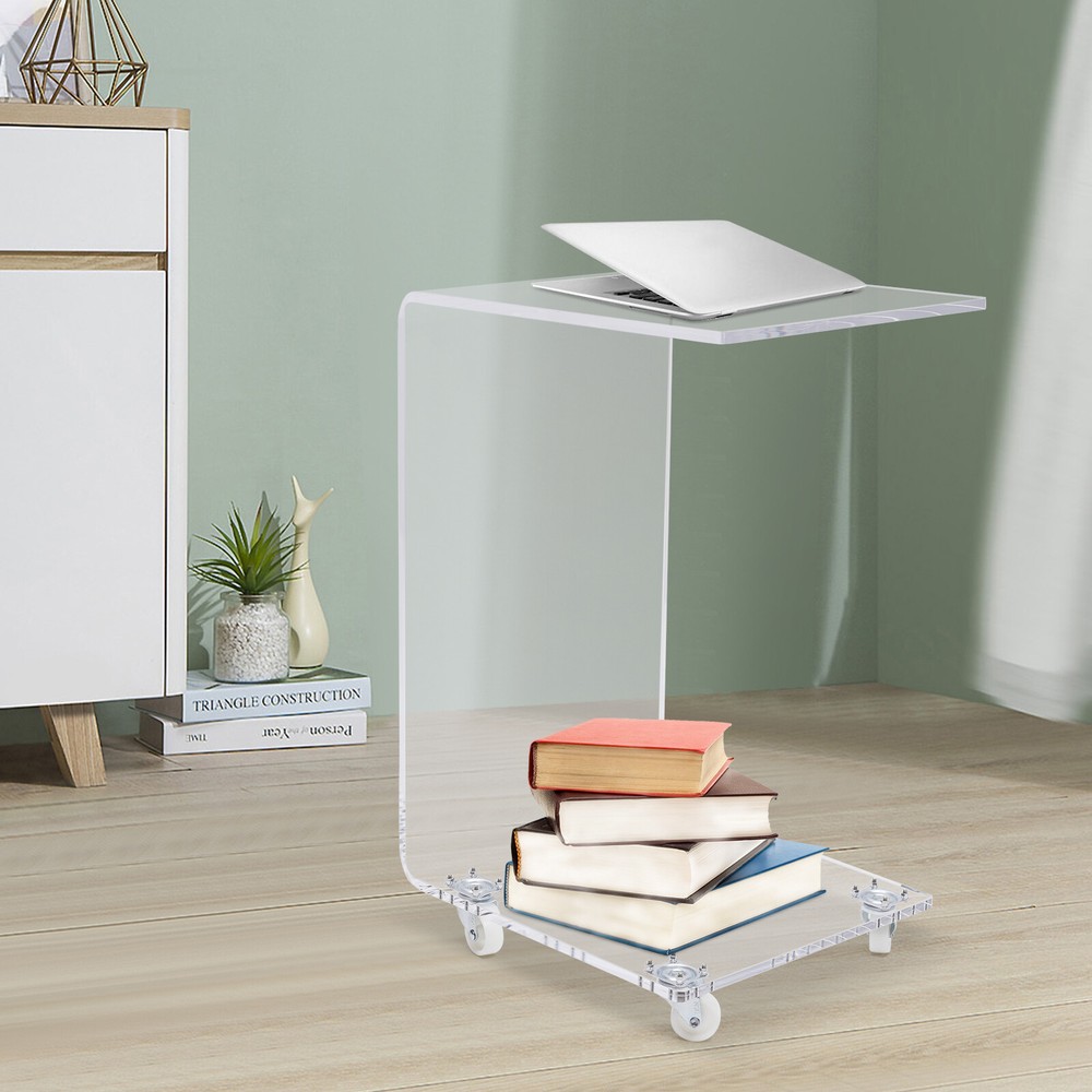 Acrylic Movable Clear Bedside Table C-Shaped End Table Snack Table on Wheels