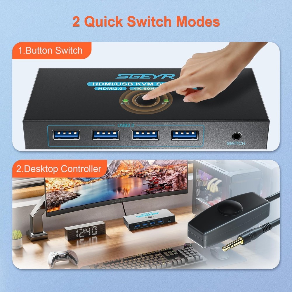 Compact USB 3.0 HDMI KVM Switch for 2 Computers with Push Button Control