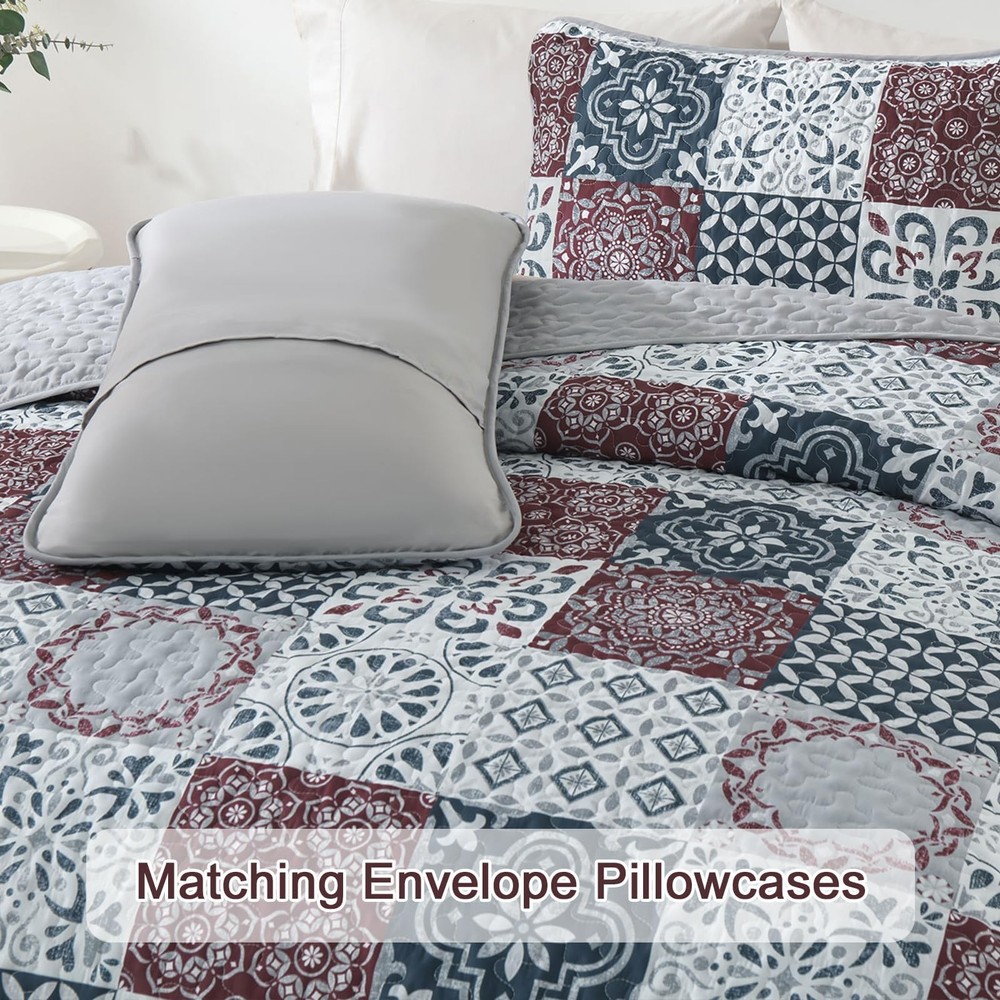 Dobuyly Patchwork Quilt Set Queen Size Boho Plaid Bedspread Queen, Red Grey