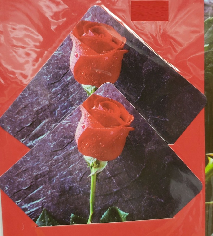 4pc Non Clear Thin Plastic Set: 2 PLACEMATS & 2 COASTERS,RED ROSE FLOWER, Mirtex