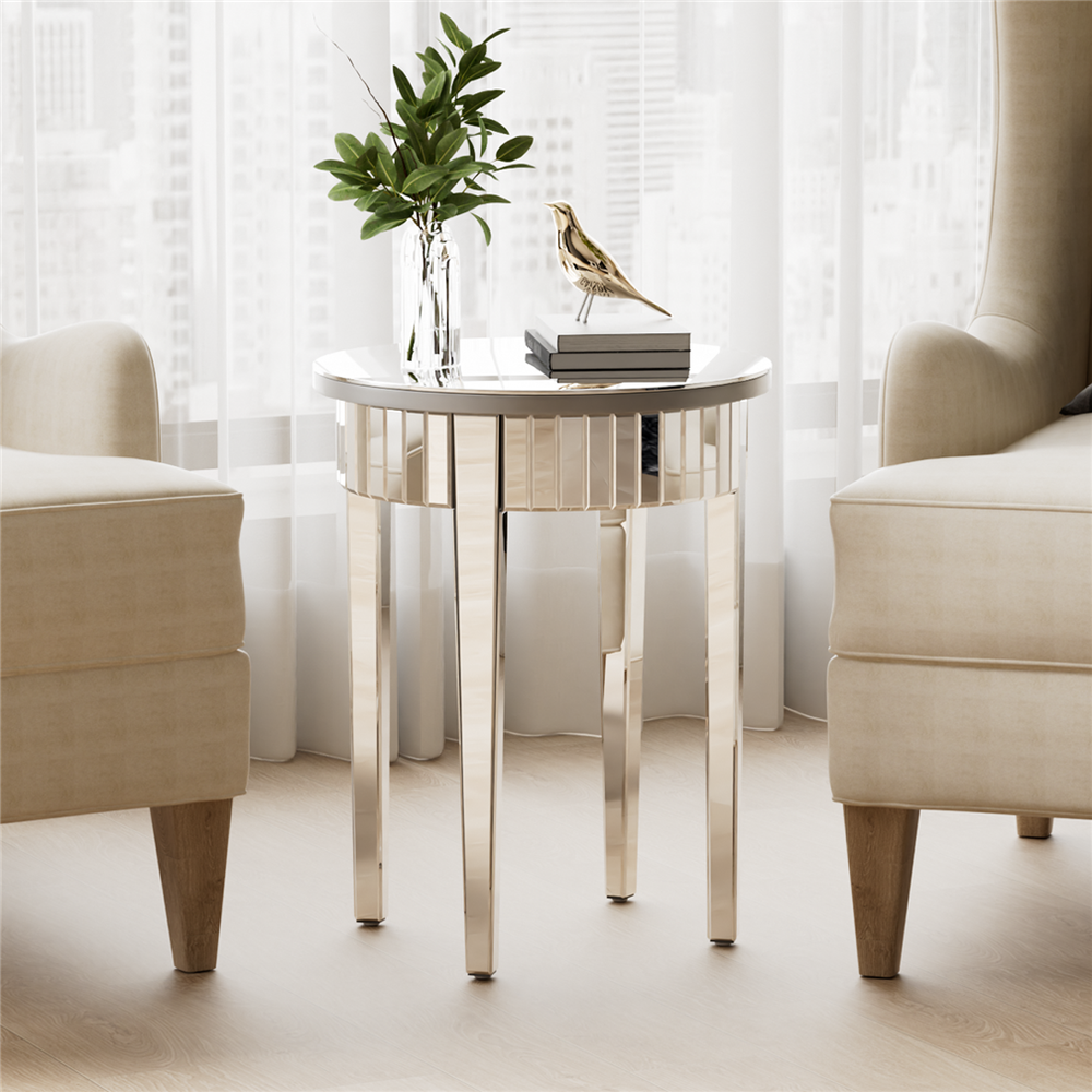Round Venetian Mirrored Side Table Sofa Bedside Coffee Table Storage Wood Frame