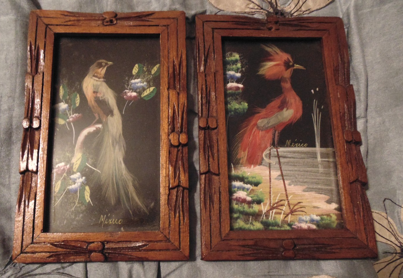 2 Vintage Mexican Feathercraft Bird Pictures Cedar Frames Real Feathers