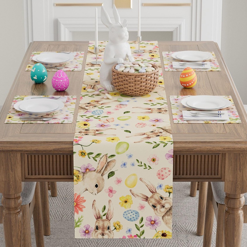 Watercolor Cute Bunny Eggs Rabbits Flowers Easter Table Runner Table Decorati...